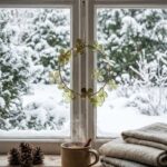 Gold and sage-green floral Christmas wreath with clear bead accents hanging on a window
