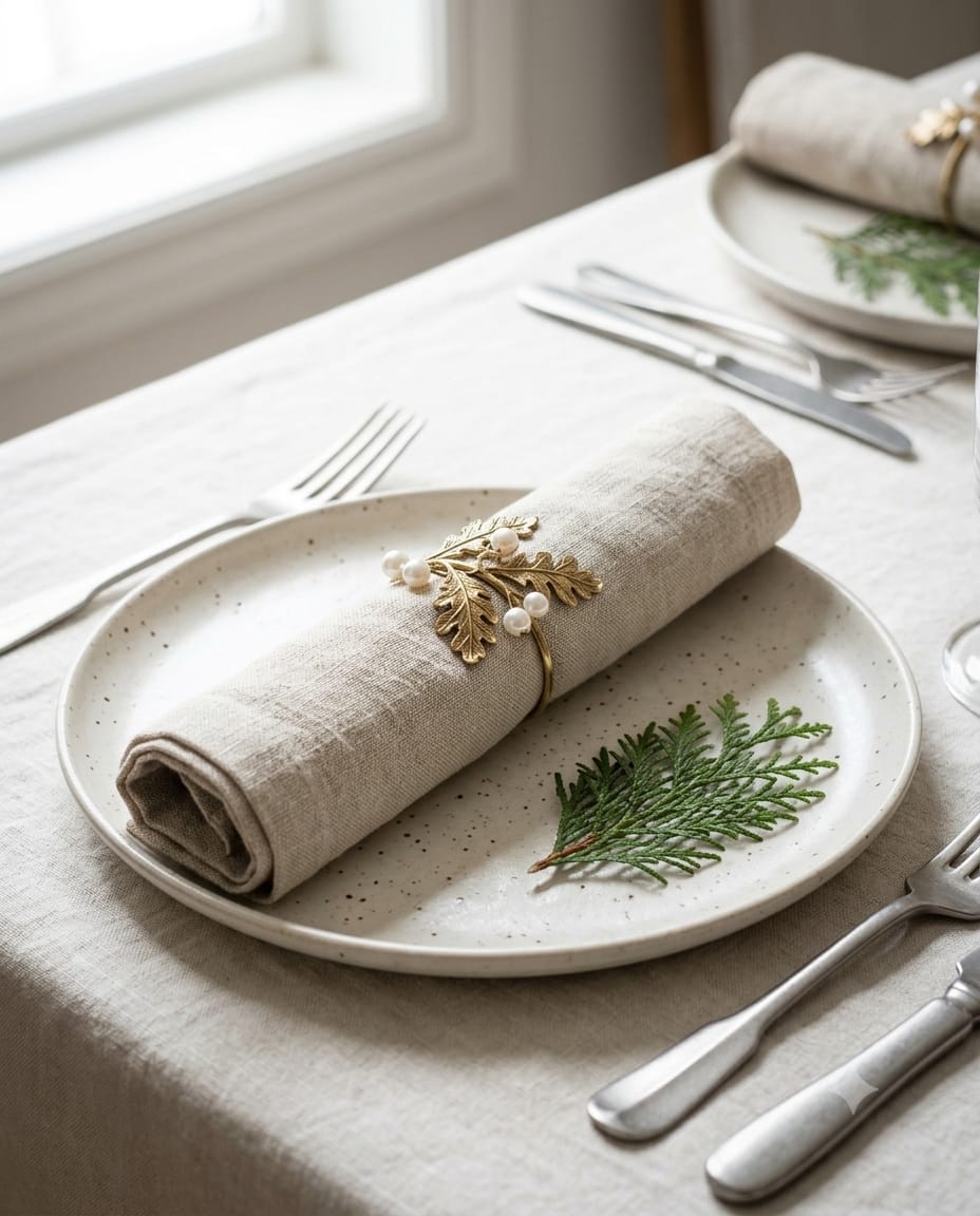 Gold leaf napkin ring with pearl-style accents on a neutral linen napkin