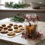 Rustic burgundy and terracotta berry garland wrapped around a glass jar in a festive table setting
