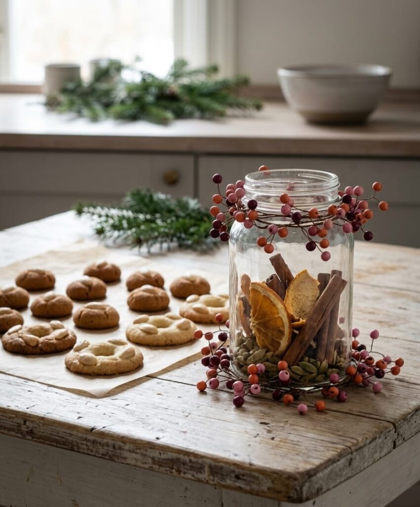 Rustic burgundy and terracotta berry garland wrapped around a glass jar in a festive table setting