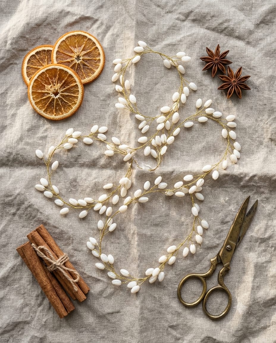 White elongated beads on gold-tone wire arranged as a decorative Christmas garland