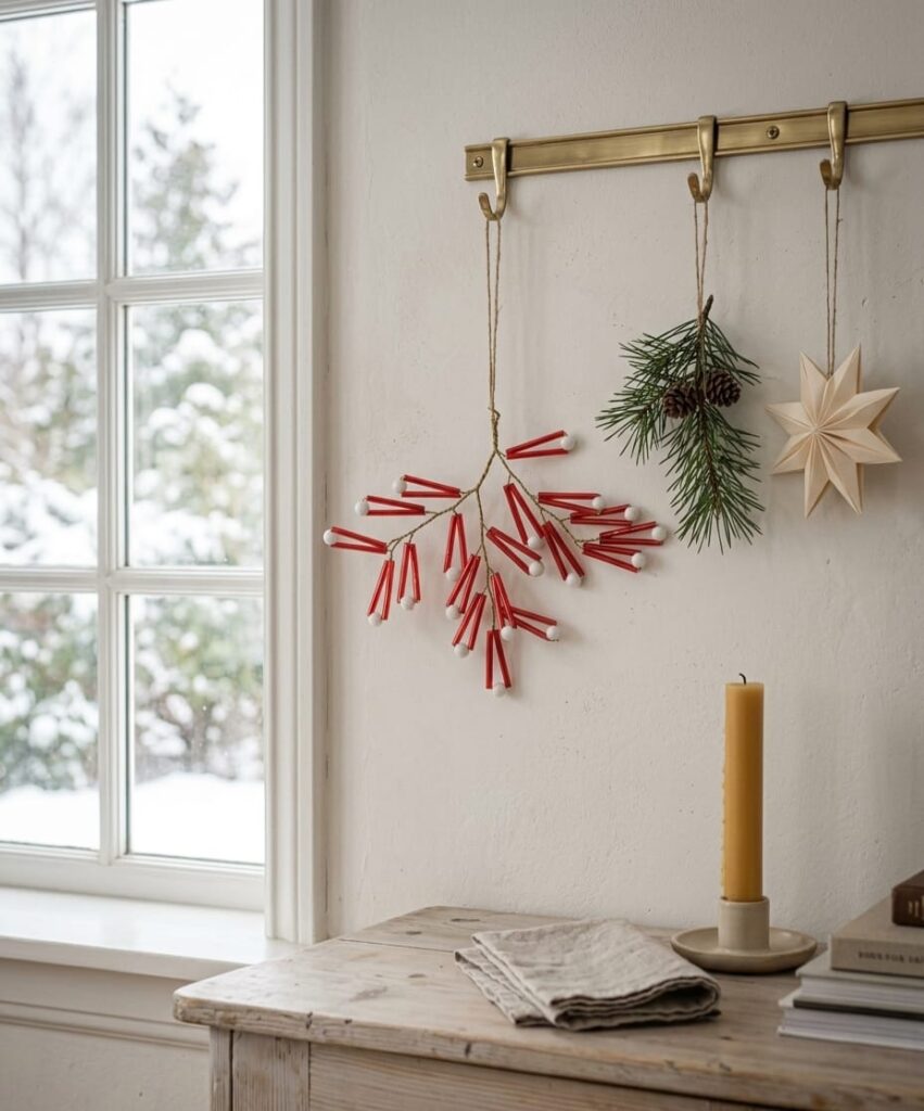 Red and white branching Christmas sprig hanging on a wall beside festive decorations