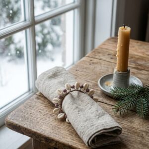 Ivory and mauve beaded napkin ring styled around a neutral linen napkin on a rustic wooden table
