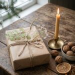 Green leaf and white berry decorative sprigs arranged on a kraft gift box with rustic twine