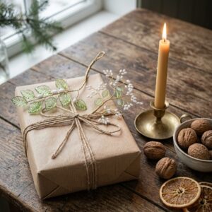 Green leaf and white berry decorative sprigs arranged on a kraft gift box with rustic twine