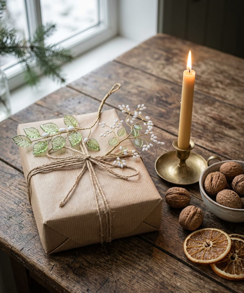 Green leaf and white berry decorative sprigs arranged on a kraft gift box with rustic twine