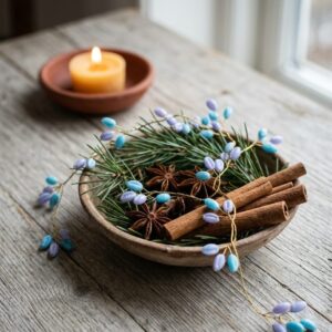 Blue and lavender decorative beads arranged on gold-tone wire among evergreen branches and cinnamon sticks