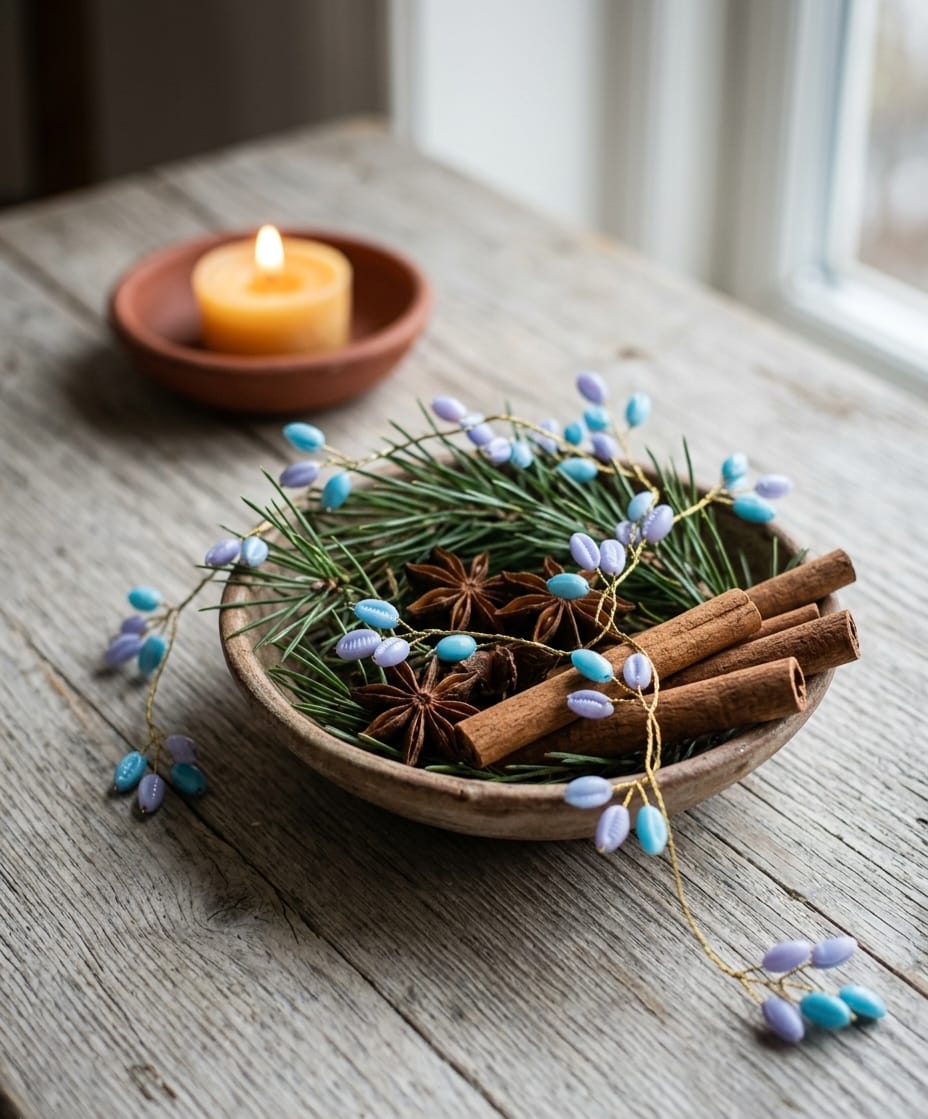 Blue and lavender decorative beads arranged on gold-tone wire among evergreen branches and cinnamon sticks