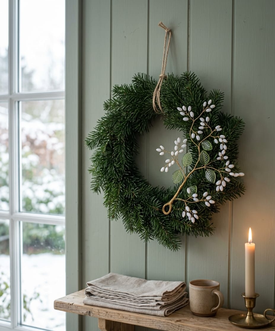 Evergreen Christmas Wreath with White Berry & Green Leaf Wreath