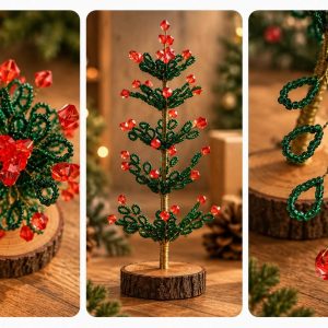 Red and green beaded Christmas tree with red faceted accents and wooden base