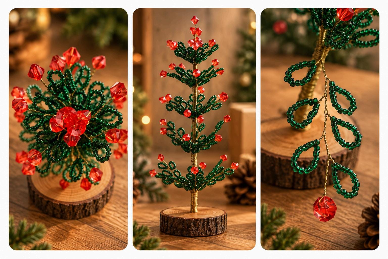 Red and green beaded Christmas tree with red faceted accents and wooden base