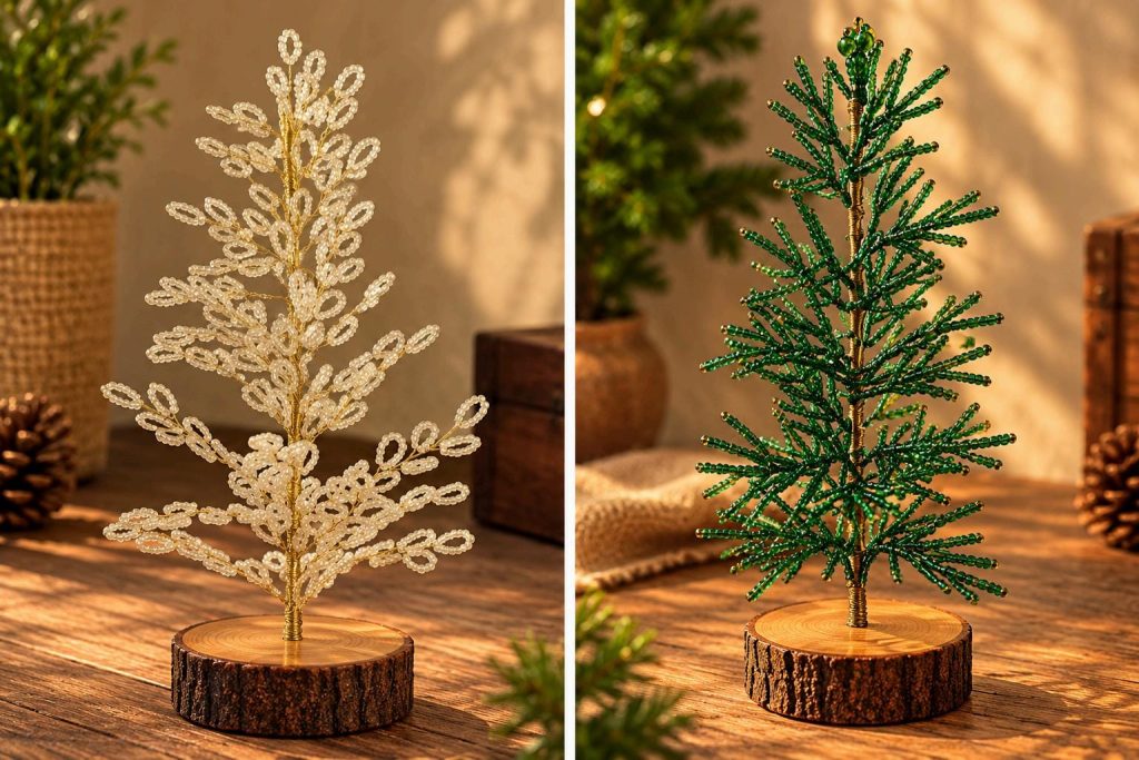 White and green beaded Christmas trees with gold-tone stems and rustic wooden bases