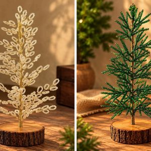 White and green beaded Christmas trees with gold-tone stems and rustic wooden bases