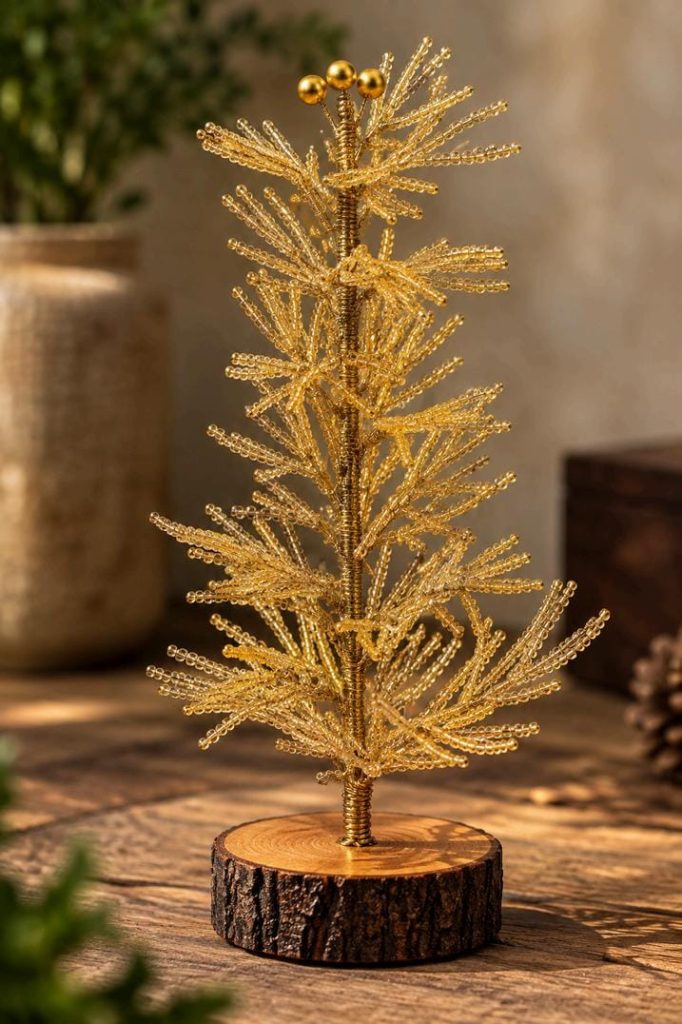 Golden beaded Christmas tree with decorative gold ball accents and rustic wooden base