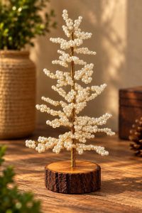 Pearl-white beaded Christmas tree with gold-tone stem and rustic wooden base