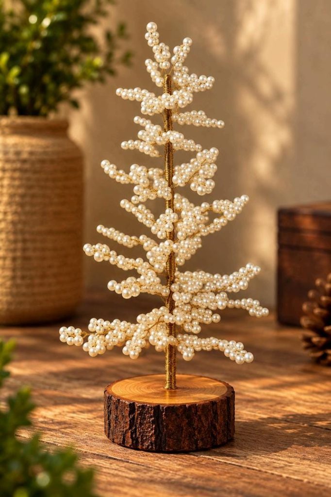 Pearl-white beaded Christmas tree with gold-tone stem and rustic wooden base